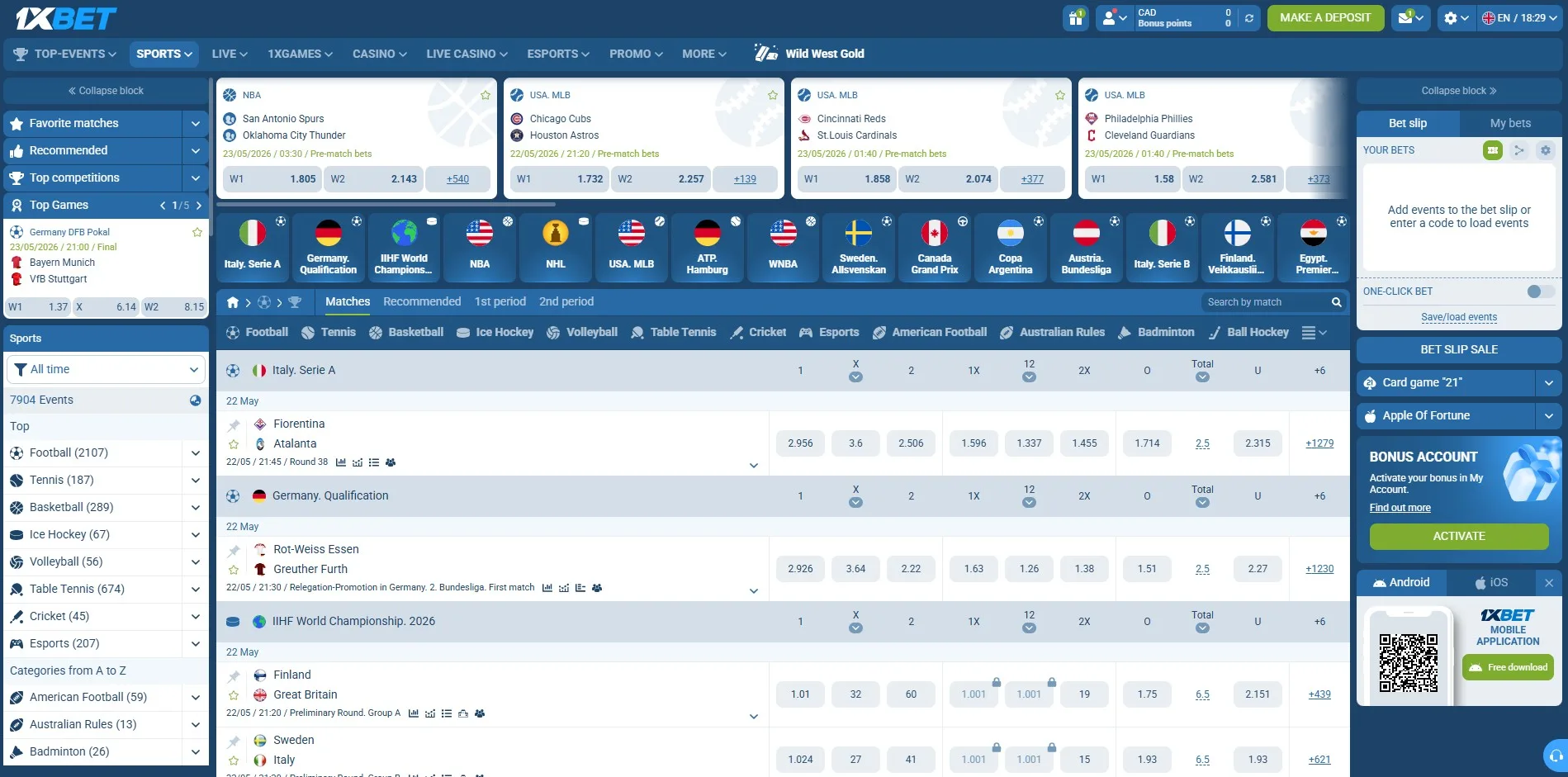 Screenshot of the 1xBet crypto casino homepage.