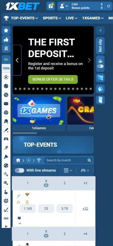 Mobile view of 1xBet