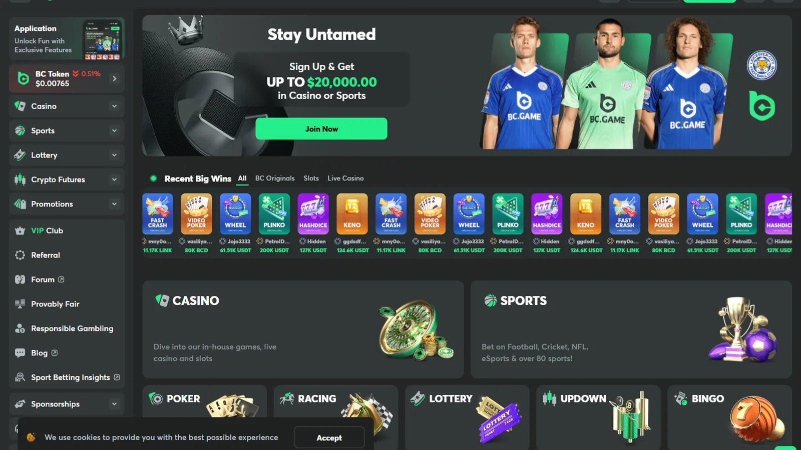 Screenshot of the BC.Game crypto casino homepage, 2026. Source: operator website.