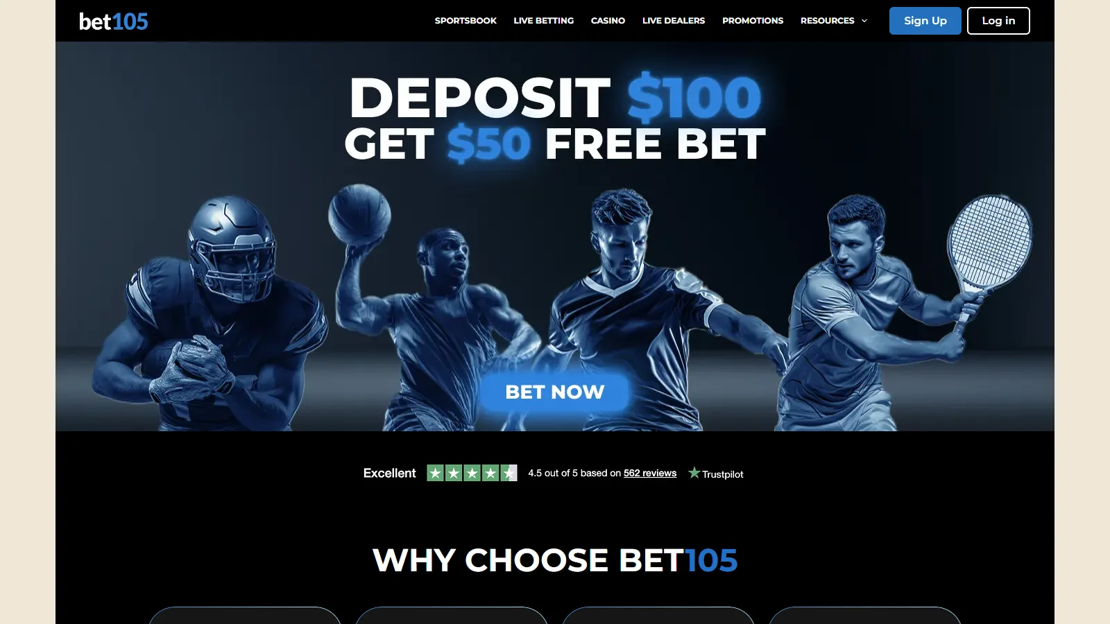 Screenshot of the Bet105 crypto casino homepage, 2026. Source: operator website.