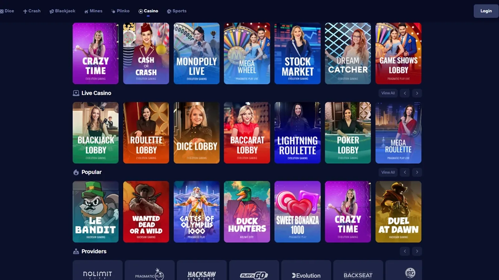 Screenshot of the Duel crypto casino homepage, 2026. Source: operator website.
