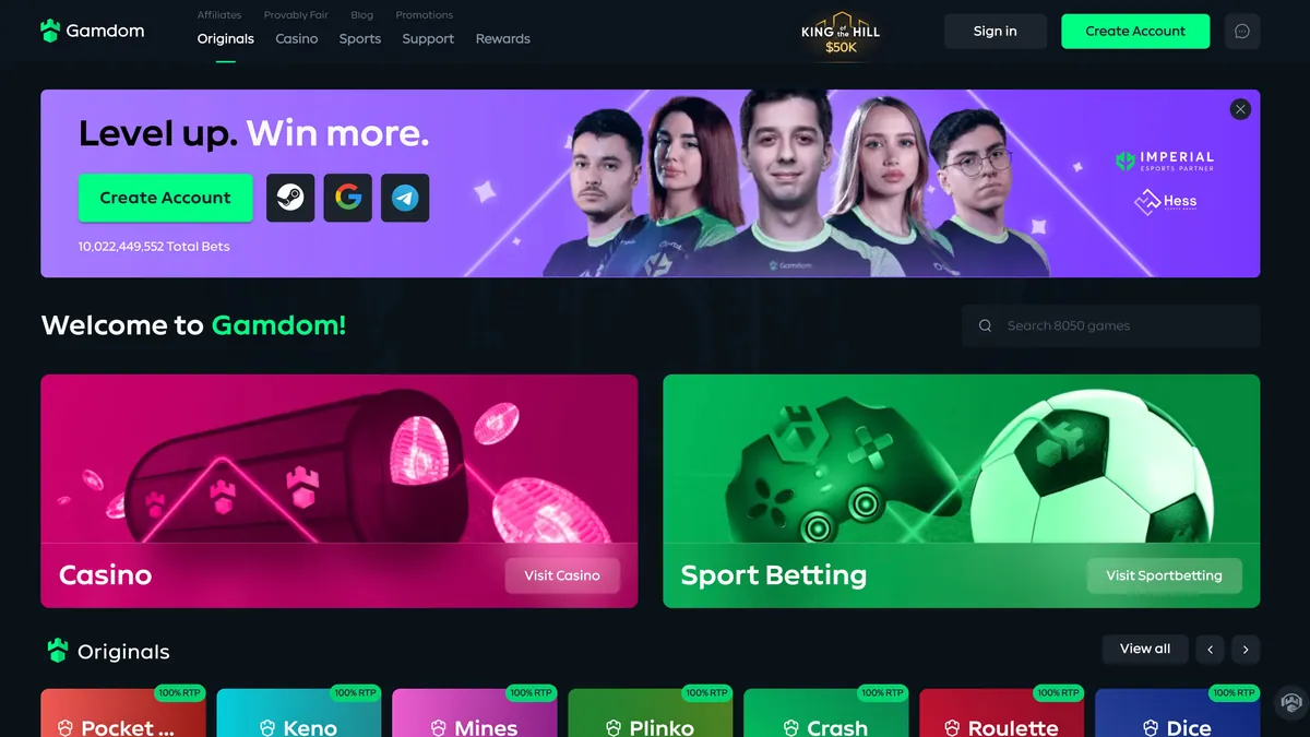 Screenshot of Gamdom homepage