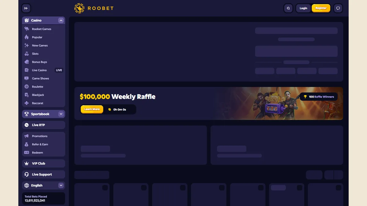 Screenshot of Roobet homepage