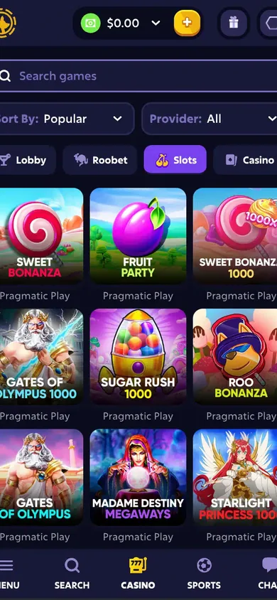 Mobile view of Roobet