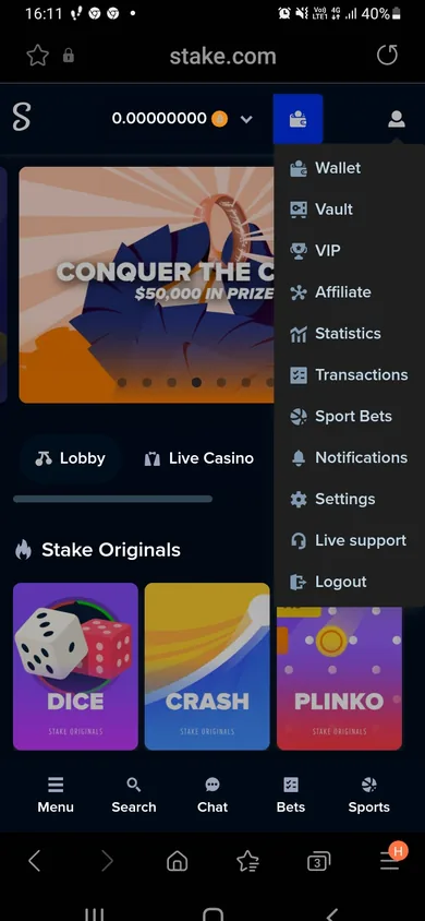 Mobile view of Stake